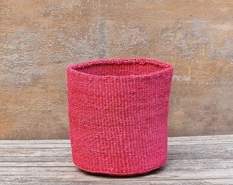 MPIRA: 8"W x 8"H Dark raspberry pink sisal basket / Storage basket/ Planter basket