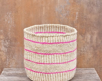 LALA: 12"W x 12"H  Natural and pink stripe sisal basket