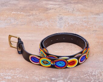 Belt Beaded Circles Handmade Masaai Maasai Masai leather Sz 35 (34\