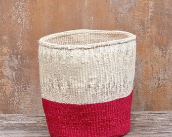 ANDIKA: 11 x 12 inch (b x h) bordeauxrode en gebroken witte sisalmand / plantenbak/opbergmand