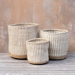 BAHATI: Natural vertical stripe sisal basket / Storage basket/ Planter basket