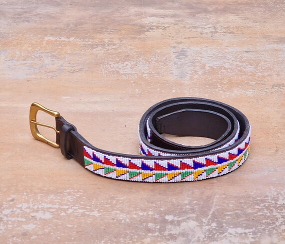 Handmade Maasai Beaded Leather Belt, Unisex Recycled Brass  display picture 1