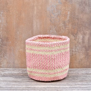 PELEKA: 9.5"W x 9.5"H Pink Recycled wool and sisal basket /Storage basket/ Planter basket