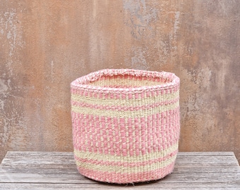 PELEKA: 9.5"W x 9.5"H Pink Recycled wool and sisal basket /Storage basket/ Planter basket
