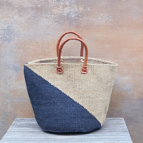 MAKUPA: Torba targowa z sizalu tkana ręcznie / Koszyk z juty w kolorze czarnym i naturalnym / Uchwyty skórzane