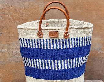 IMBA: 14" W x 14" H Blue & natural (off white) striped sisal basket bag