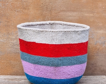TETA: 13"W x 13.5"H Multicolour stripe recycled wool and sisal basket /Storage basket