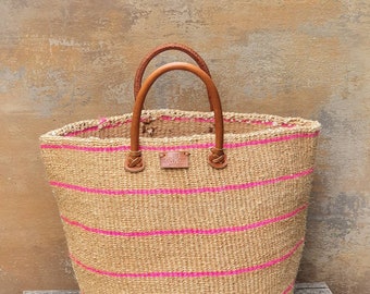 MAU: 14"W x 14"H Tan Wheat and pink stripe sisal basket bag
