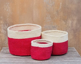 NJEMA: Dual tone raspberry red and natural sisal baskets