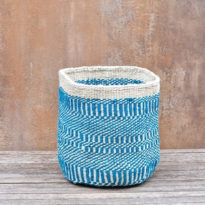 HADITHI:  10"W x 10" H Turquoise Recycled wool and sisal basket /Planter basket/Storage basket