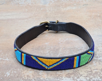 22"-24.5" (1.5"Width) Maasai Beaded Leather Dog Collar, Handmade Kenya