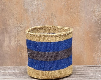 TEMBEA: 10"W x 10"H   Jute and blue stripe sisal basket