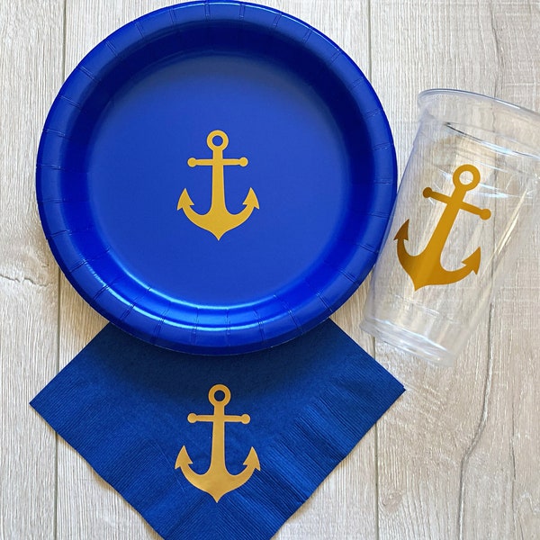 Blue Marine Party Supplies, Gold Anchor Plates, Napkins, Cups, Marine Party Supplies, Nautical Plates, Napkins, Cups, Nautical Birthday
