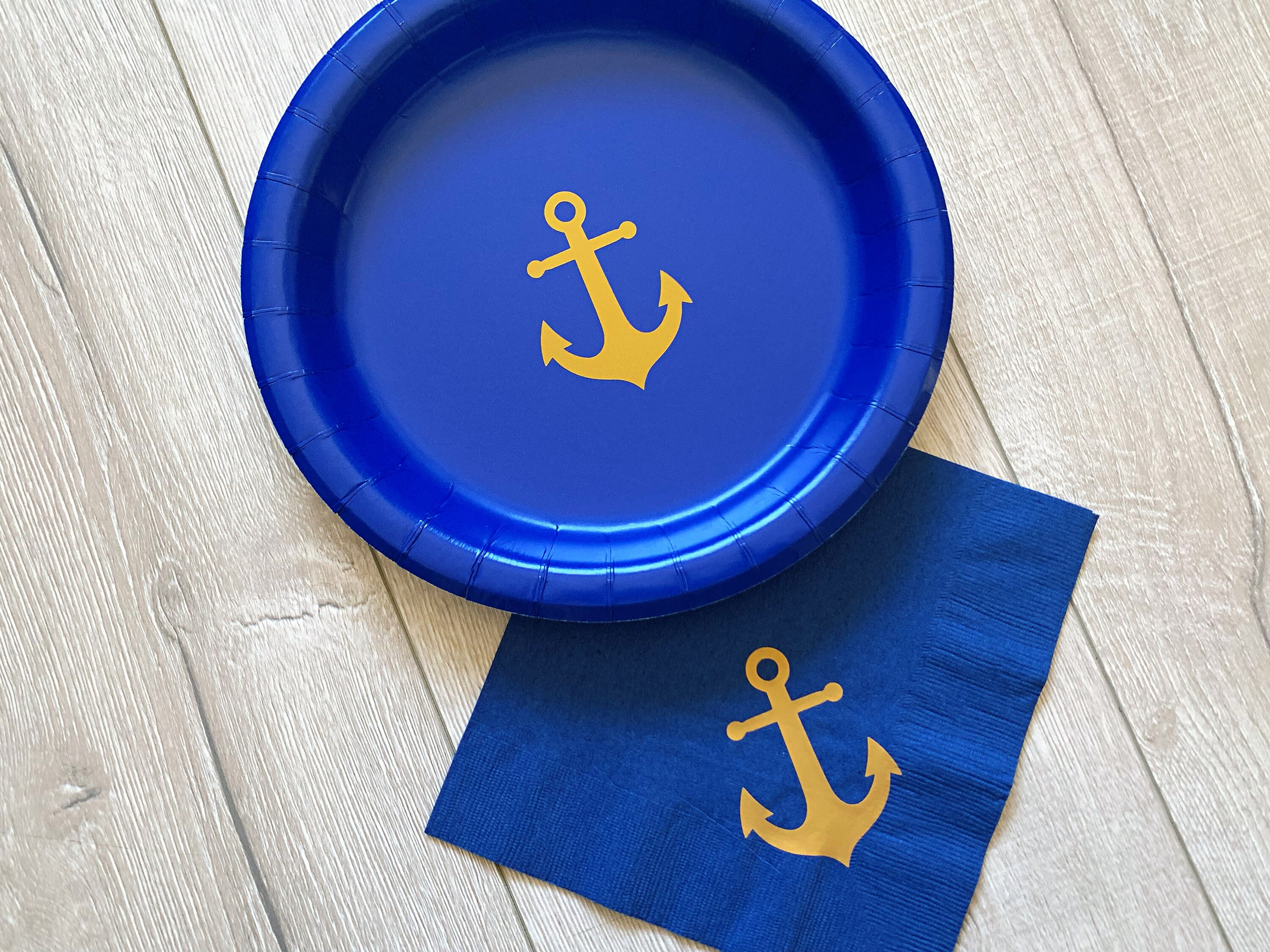 Blue Marine Party Supplies, Gold Anchor Plates, Napkins, Cups, Marine Party Supplies, Nautical