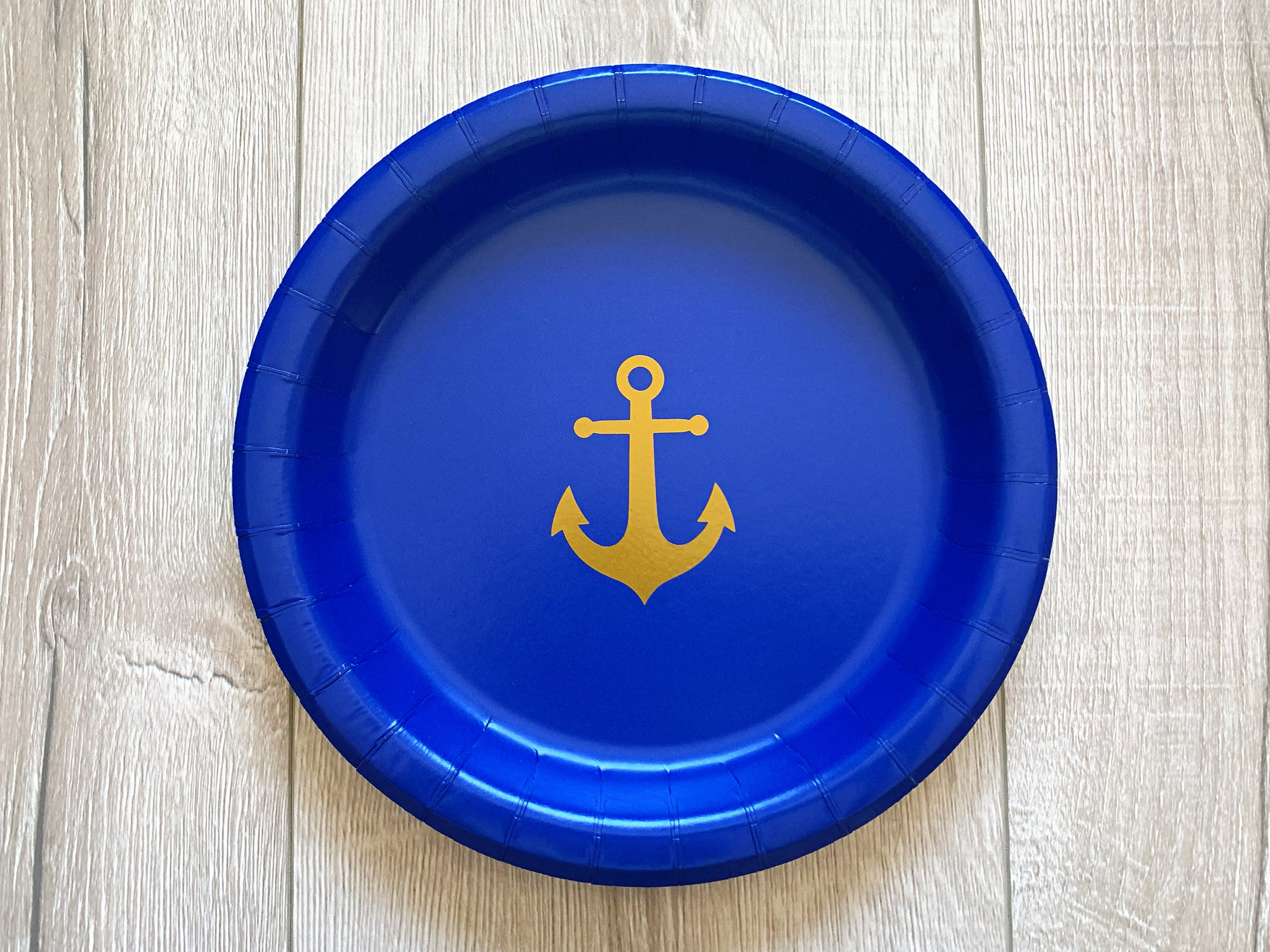 Blue Marine Party Supplies, Gold Anchor Plates, Napkins, Cups, Marine Party Supplies, Nautical