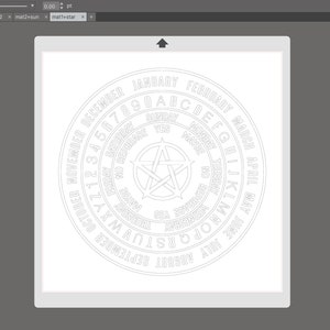 May include: A white circle with a five-pointed star in the center. The circle is divided into 12 sections, each labeled with a month of the year. The star is surrounded by a circle with the days of the week, and another circle with the numbers 1 through 31.