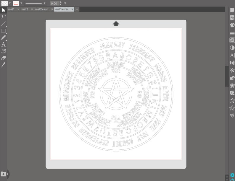 May include: A white circle with a five-pointed star in the center. The circle is divided into 12 sections, each labeled with a month of the year. The star is surrounded by a circle with the days of the week, and another circle with the numbers 1 through 31.