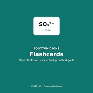 Printbare flashcards met polyatomische ionen, oefenkaarten om polyatomische ionen te onthouden, studiegids algemene chemie, chemie van ionische verbindingen