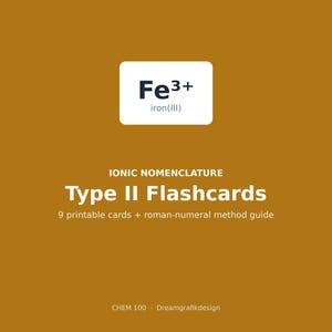 Type II ionennomenclatuur flashcards, oefening in het benoemen met Romeinse cijfers, printbare scheikunde flashcards, studiegids voor overgangsmetalen