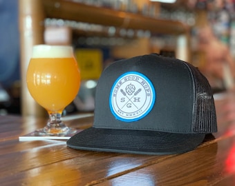 Some Good Hops Black Snapback with White Logo and Blue Stitch