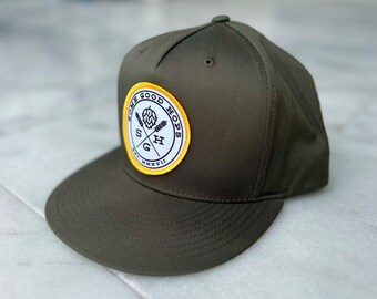 Some Good Hops Olive Green SnapBack Hat with Yellow Stitching and Black Logo