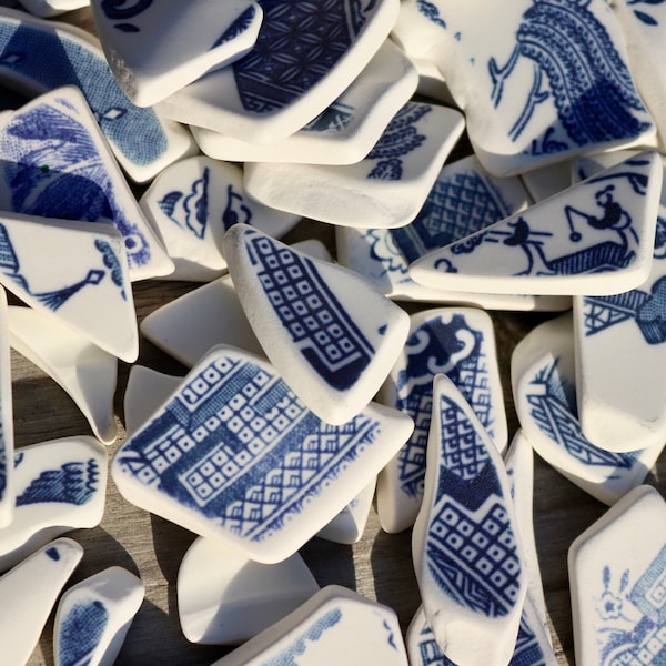 Sea pottery, Blue and white, tumbled, weathered- Mixed size packs, approx 10-35mm.- ideal for jewellery, mosaics, craft, bespoke projects