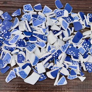 Sea pottery, blue and white, Eclectica tumbled, weathered, 10mm-approx 35mm average size. ideal for jewellery, mosaics, craft.. image 4