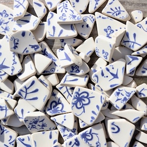 May include: A collection of white ceramic tiles with blue floral patterns. The tiles are broken into various shapes and sizes.