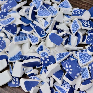 Sea pottery, blue and white, Eclectica tumbled, weathered, 10mm-approx 35mm average size. ideal for jewellery, mosaics, craft.. image 1