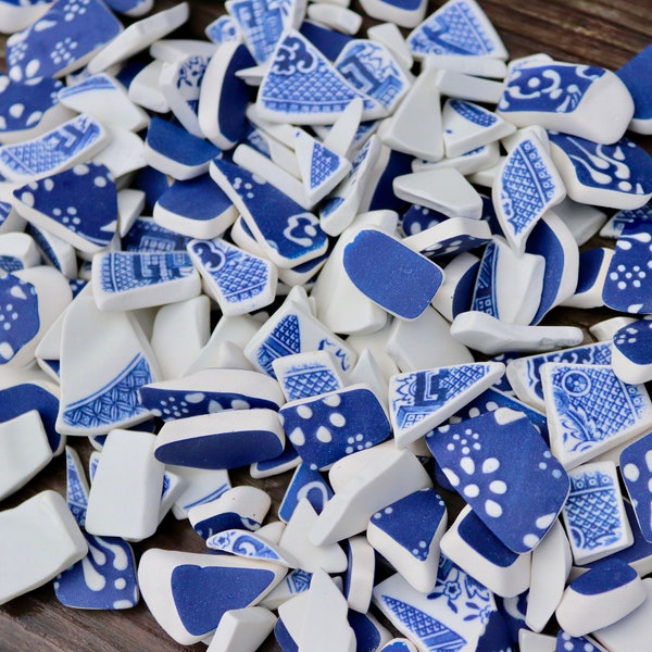 Sea pottery, blue and white, " Eclectica" tumbled, weathered, 10mm-approx 35mm average size.- ideal for jewellery, mosaics, craft..