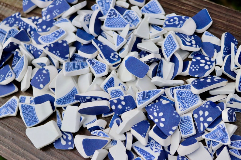 Sea pottery, blue and white, Eclectica tumbled, weathered, 10mm-approx 35mm average size. ideal for jewellery, mosaics, craft.. image 1