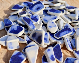 Sea pottery, blue and white, " Hazy" collection, tumbled, weathered, 10mm-approx 35mm average size.- ideal for jewellery, mosaics, craft..