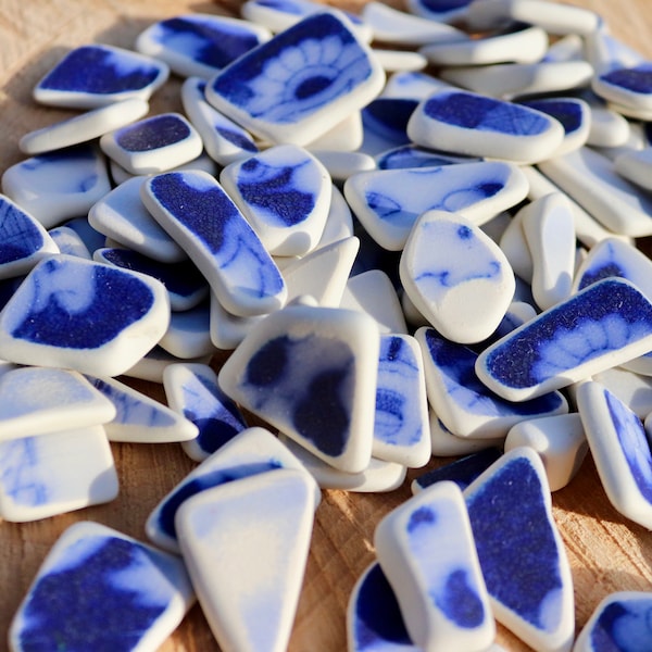 Sea pottery, blue and white, " Hazy" collection, tumbled, weathered, 10mm-approx 35mm average size.- ideal for jewellery, mosaics, craft..