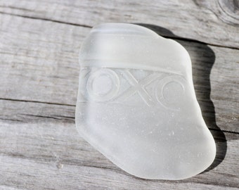 White sea glass, genuine, rare piece with OXO logo,