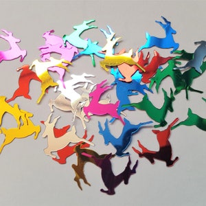 May include: A scattering of colorful metallic reindeer shapes, perfect for adding a festive touch to crafts, decorations, or party favors.