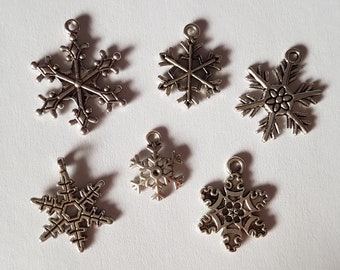 May include: Six silver snowflake charms with intricate designs. The charms are perfect for adding a touch of winter magic to jewelry, crafts, and other projects.