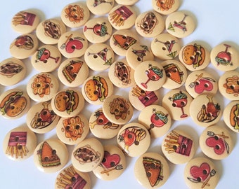 50 x 15mm Food & Drink Print Wooden Buttons | 2-Hole Round Craft Buttons for Sewing and DIY Projects