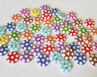 50 x 2-Hole Wooden Buttons | Dotty Print | Mixed Colours | 15mm Round Buttons for Sewing, Crafts & DIY Projects