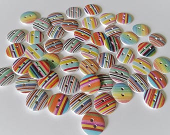 50 x 2-Hole Wooden Buttons | Striped Print | Mixed Colours | 15mm Round Buttons for Sewing, Crafts & DIY Projects