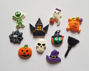 halloween cabochon set, hallowen flatbacks set, resin halloween cabochons, flatbacks, resin flatback, halloween, witch, pumpkin, ghost