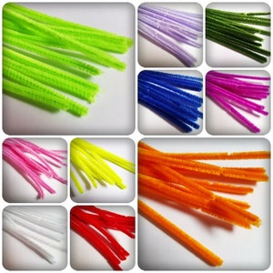 May include: Assortment of colourful pipe cleaners in various colours, including green, purple, blue, pink, yellow, orange, white, and red. The pipe cleaners are arranged in rows on a white background.
