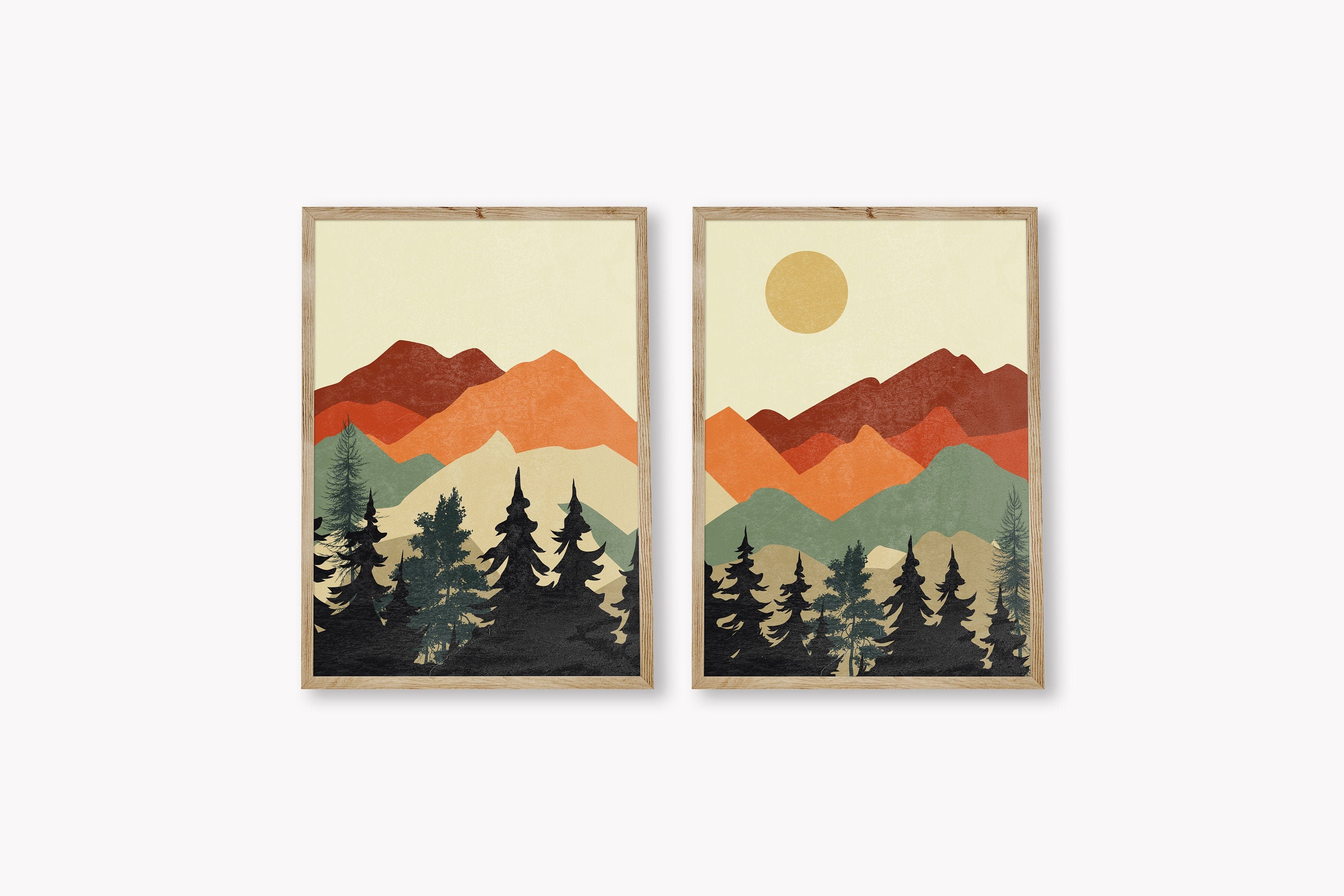 Mountain Wall Art Set of 2 Boho Mountain Art Print Sun and Etsy