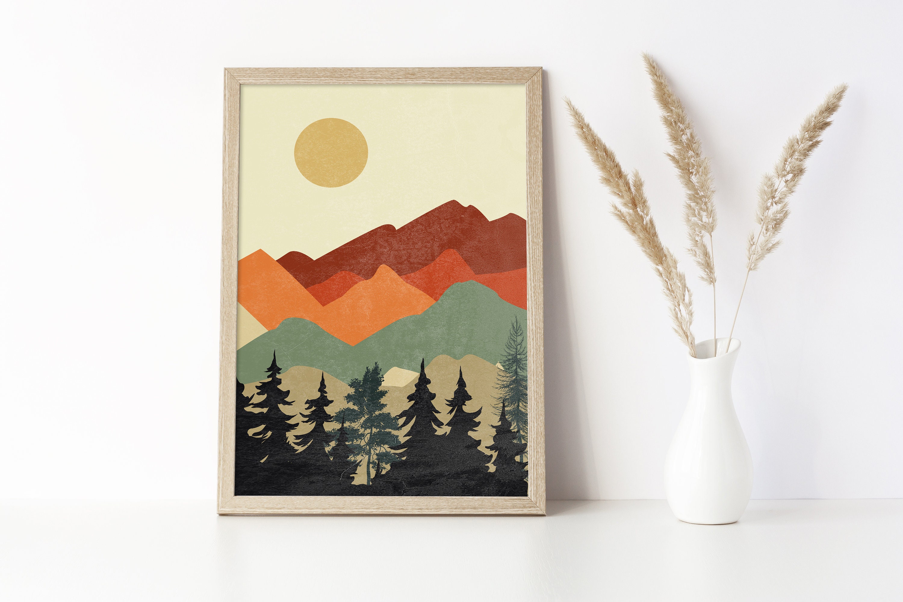 Mountain Wall Art Set of 2 Boho Mountain Art Print Sun and Etsy