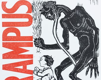 Stampa Krampus in edizione limitata Inchiostrato a mano, stampato a mano One-of-a-Kind Vintage Woodtype Letterpress e Linocut Per Natale e Halloween