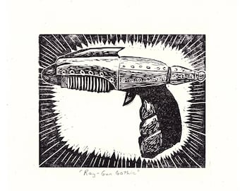 Retro Ray-Gun Handmade Linocut Print | Perfect for Science Fiction Lovers