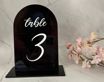 Black Acrylic ARCH Table Number- Black and White Wedding Table number- Acrylic Wedding Sign- Custom wedding table numbers
