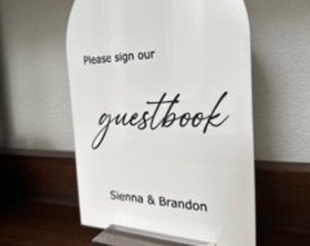 Guestbook sign with stand - acrylic black and white guestbook table sign - Please sign our guestbook personalized sign - custom sign