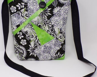 Quilted Black, White, Lime Green Geometric Tote Bag - Smaller Tote Bag