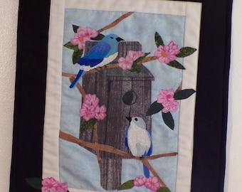 Quilted Wall Art, Blue Jays and Birdhouse Wall Hanging
