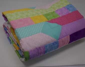 Quilted Throw, Baby Quilt, Pastel Scrappy Quilt - 52" long x 48" wide
